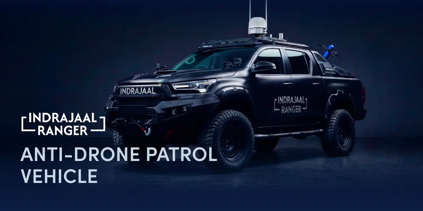 Indrajaal Ranger India anti-drone vehicle scanning sky with radar and AI sensors during border patrol