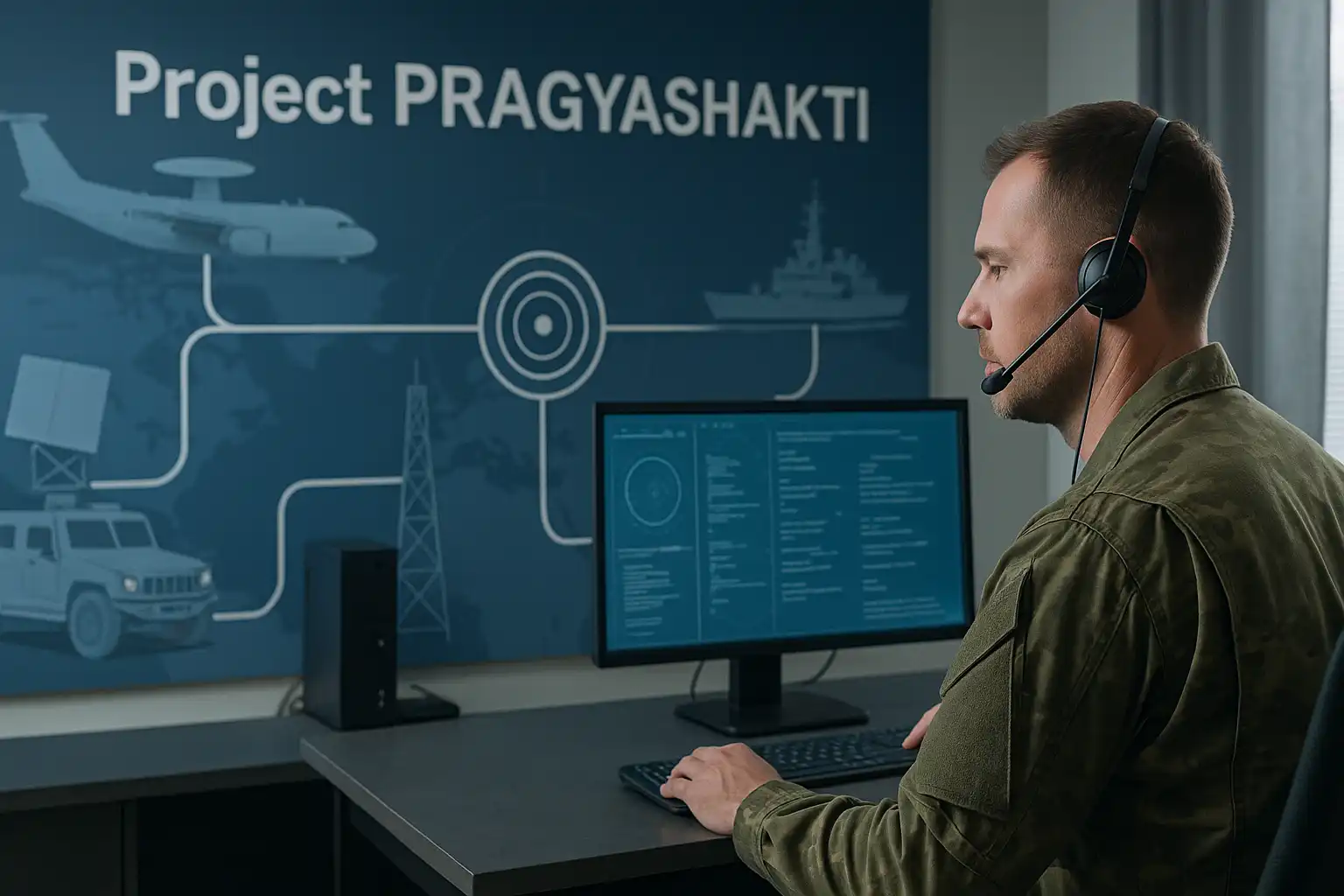 project-pragyashakti-ai-electronic-warfare-india-edge-cloud Project PRAGYASHAKTI electronic warfare operations center showing AI-driven tri-service coordination, radar systems, and data fusion screens.