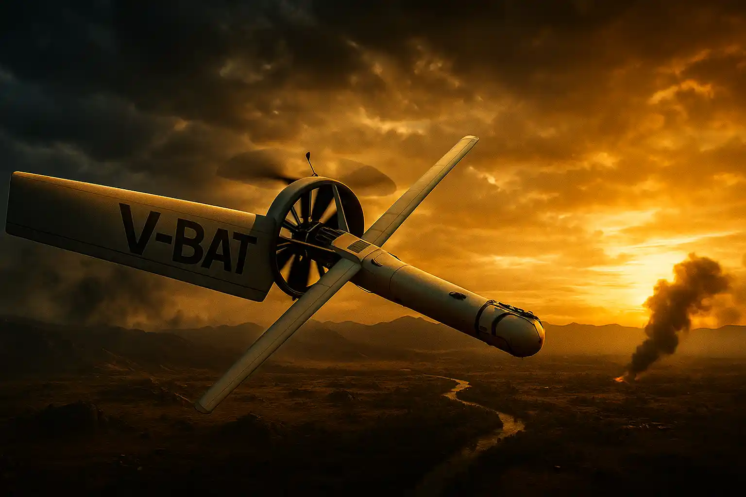 Shield AI V-BAT UAS drone patrolling above the Indian border at sunset, showing advanced VTOL flight design and AI-powered surveillance capability.