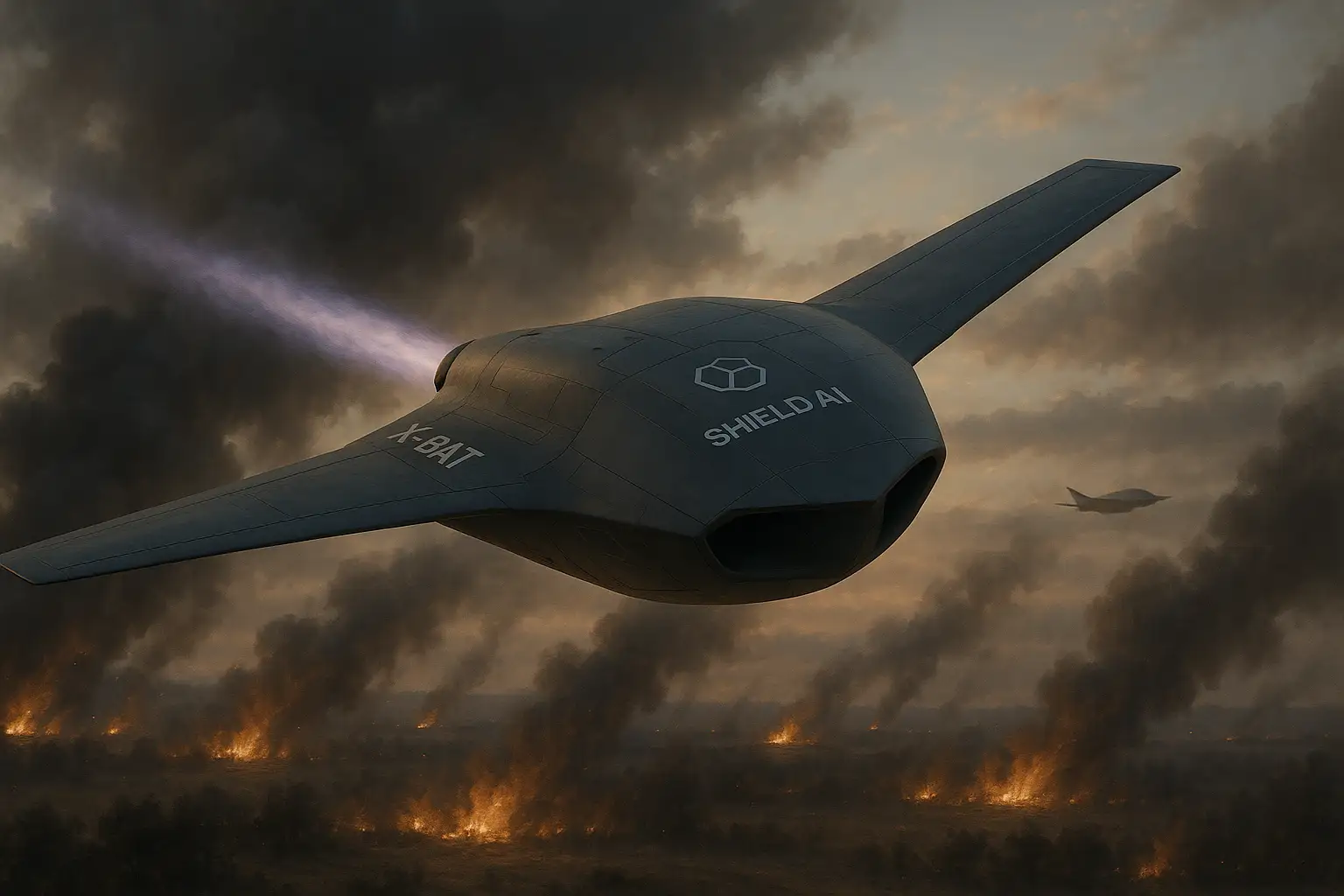 x-bat-by-shield-ai-vtol-ai-strike-jet-india-airforce A cinematic image of the X-BAT by Shield AI, a futuristic VTOL AI-powered strike jet flying above clouds during a combat mission, representing India’s next-generation air power and autonomous warfare capabilities.