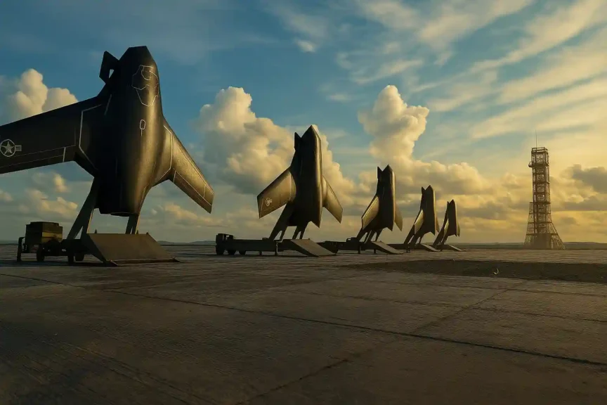 X-BAT by Shield AI VTOL AI strike jets lined up at a launch site under bluish-yellow cinematic clouds during daylight military operation.