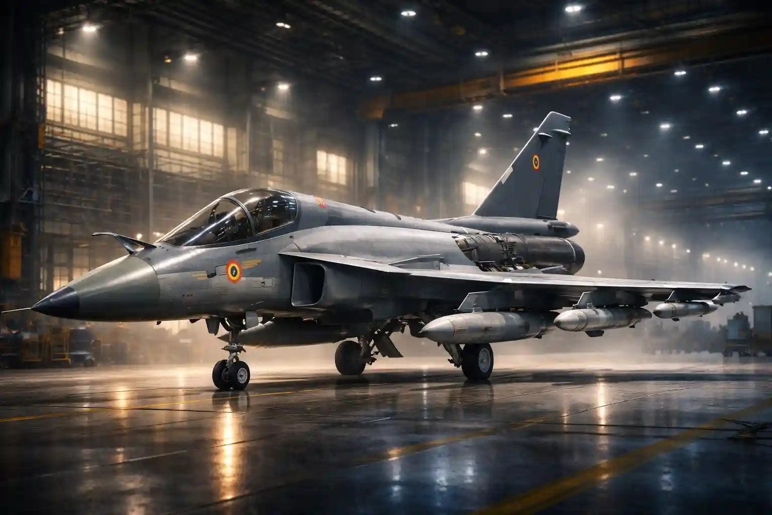 LCA AF Mk2 performance model visualised through a cinematic Tejas Mk2 fighter jet inside an Indian aircraft hangar