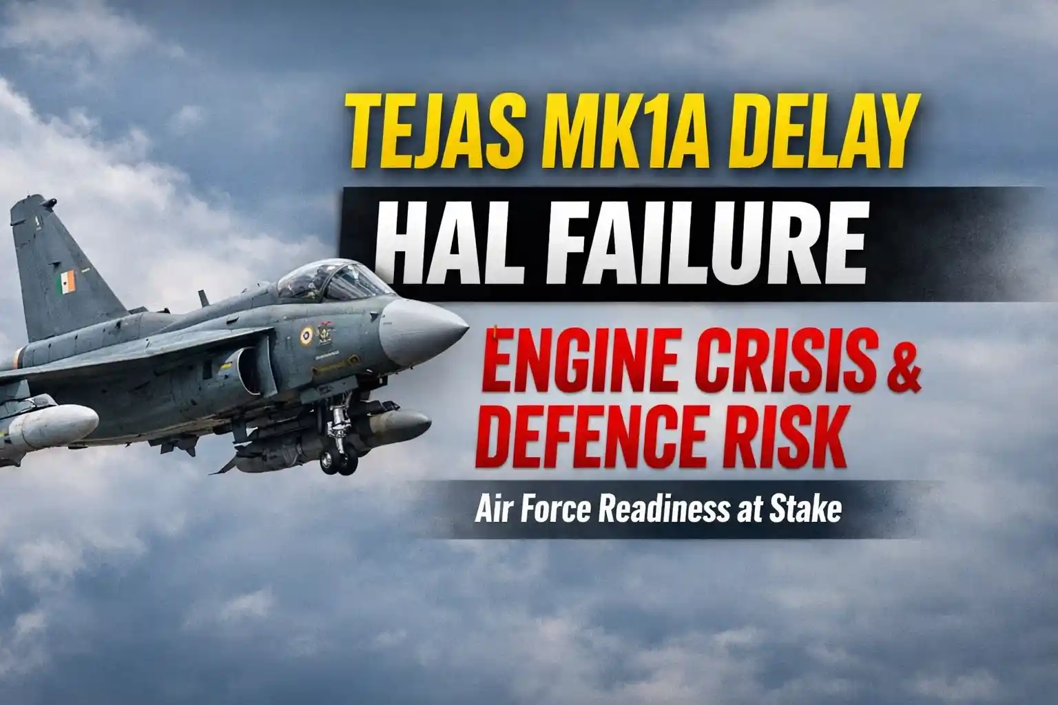 Tejas Mk1A delay image showing HAL accountability and GE F404 engine crisis affecting Indian Air Force readiness