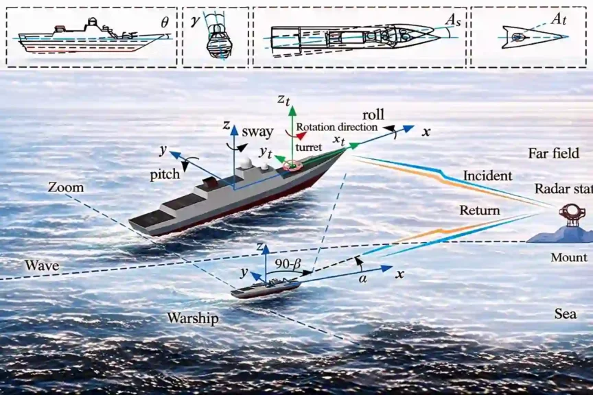 Warship stealth radar cross section diagram showing pitch roll sway axes and radar signal reflection from naval ship