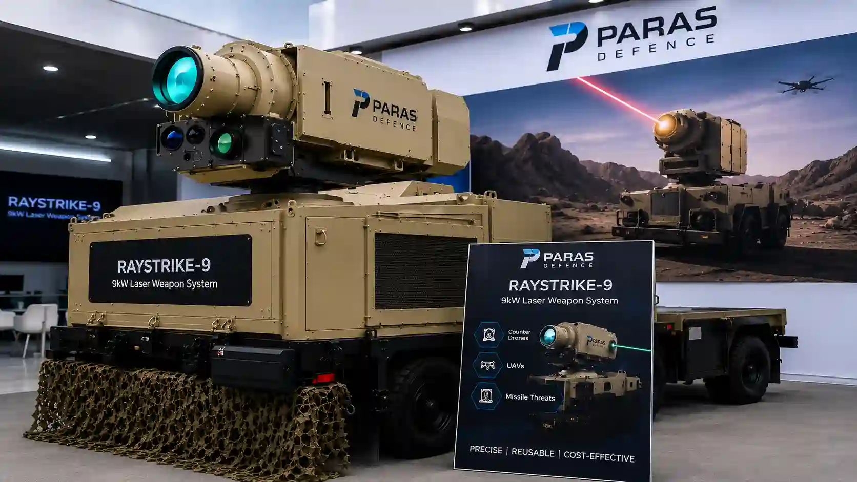 RayStrike-9 Laser Weapon displayed by Paras Defence showcasing India’s advanced directed energy weapon system for anti-drone warfare and air defence