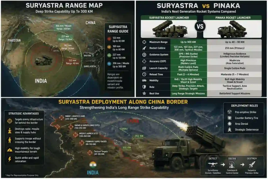 India’s Suryastra Rocket Launcher vs Pinaka range map showing strategic military deployment against China and Pakistan