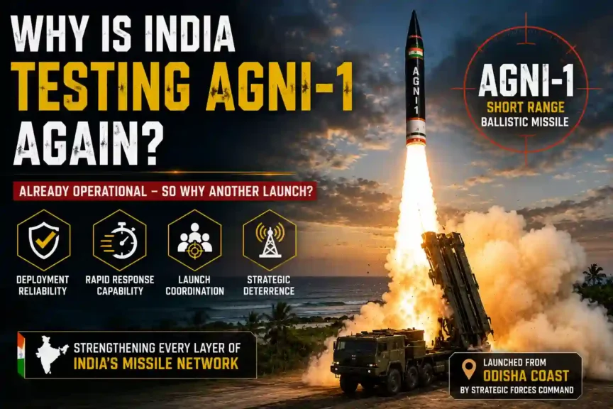 Cinematic infographic showing India’s Agni-1 short-range ballistic missile launch from the Odisha coast under Strategic Forces Command, explaining why India tested the operational missile again in 2026.
